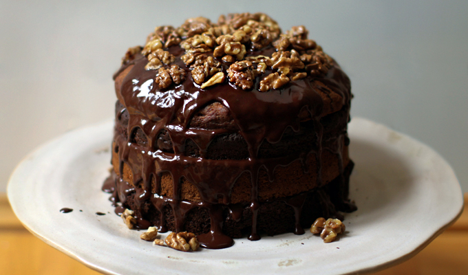 Chocolate Banana Birthday Cake with Maple Glazed Walnuts