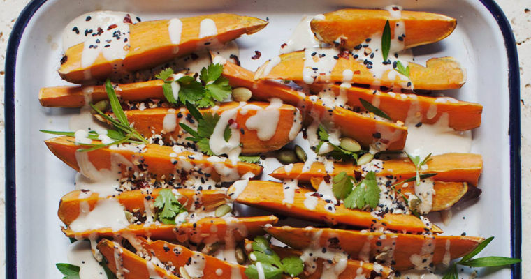 Sweet Potato Wedges with Tahini-Honey Sauce and Everything Bagel Spice