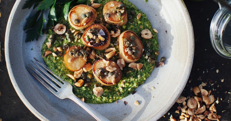 Mushroom “Scallops” in a Warm Pesto Pool
